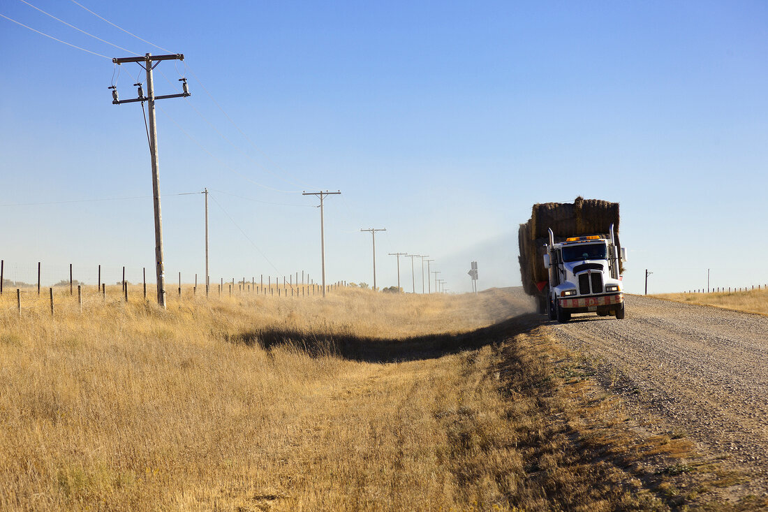 Truck loaded with hay on highway1, Saskatchewan, Canada