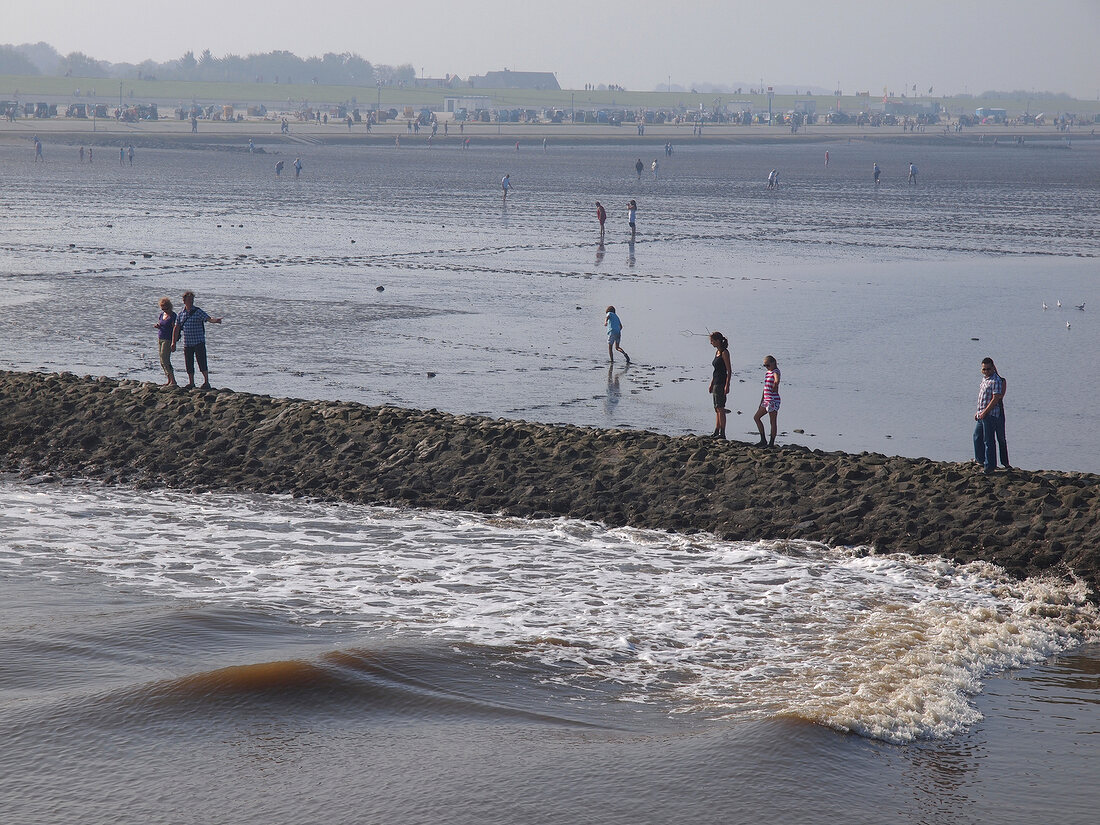 People at Wadden Sea with low tide, Spiekeroog, Lower Saxony, Germany