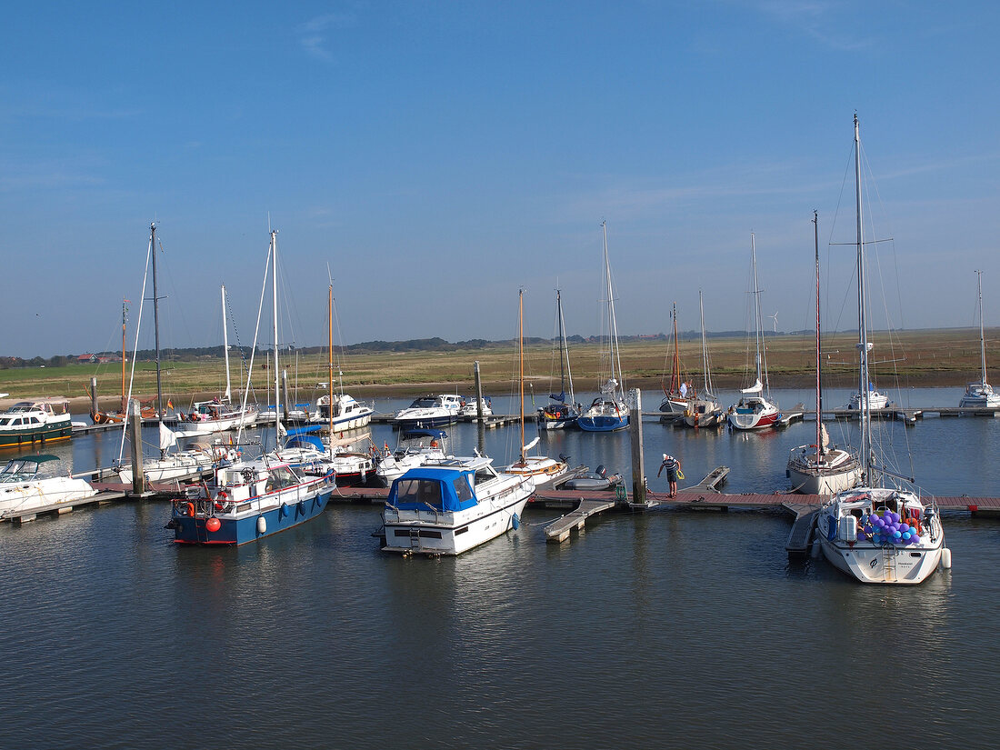 View of moored boats at Port of Spiekeroog, Lower Saxony, Germany