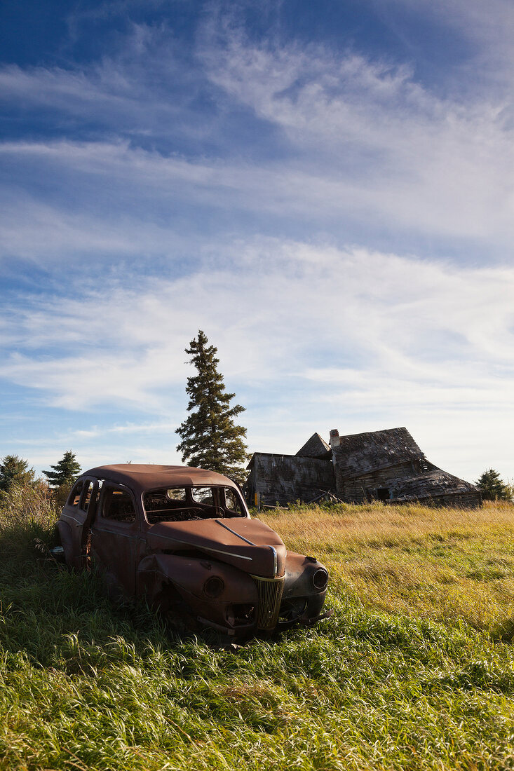Old wrecked car in field near Highway 15, Ituna, Saskatchewan, Canada