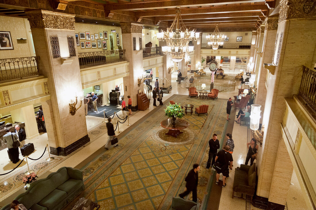 People at lobby of Fairmont Royal York Hotel, Toronto, Canada, elevated view