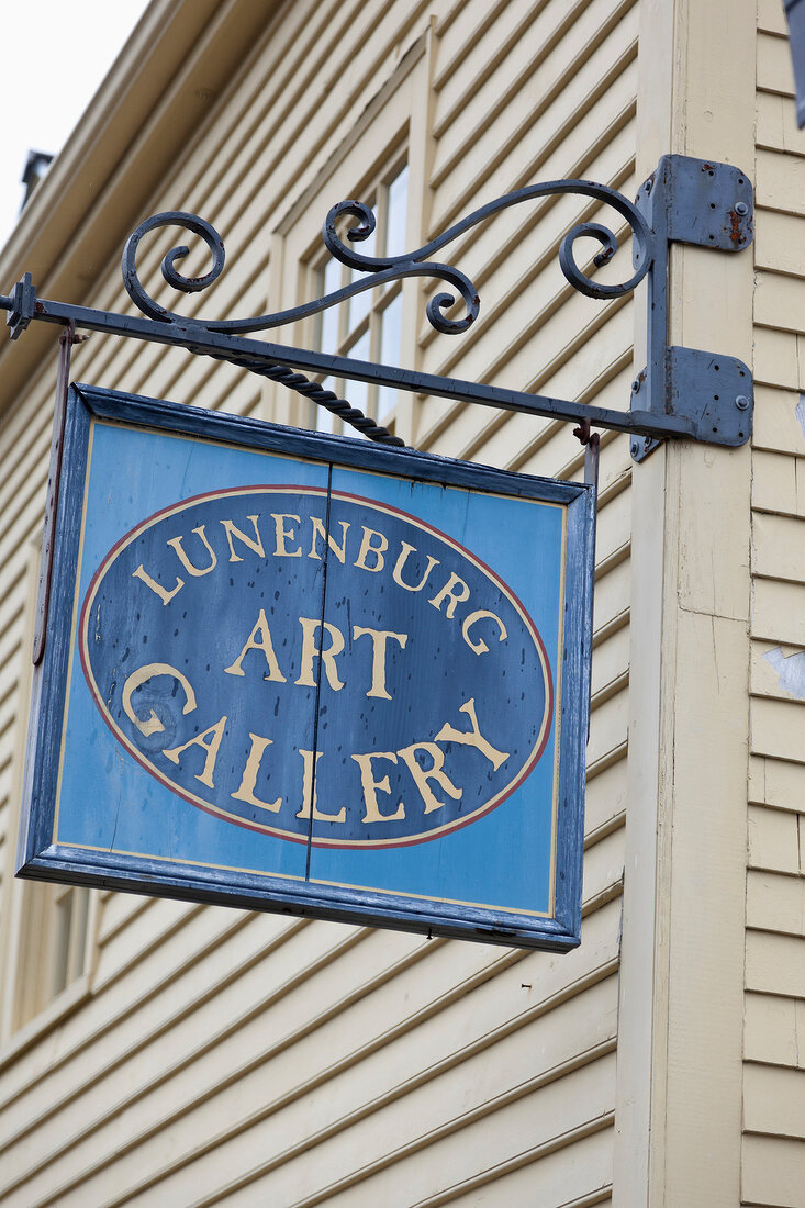 Low angle view of Lunenburg Art Gallery signboard, Nova Scotia, Canada
