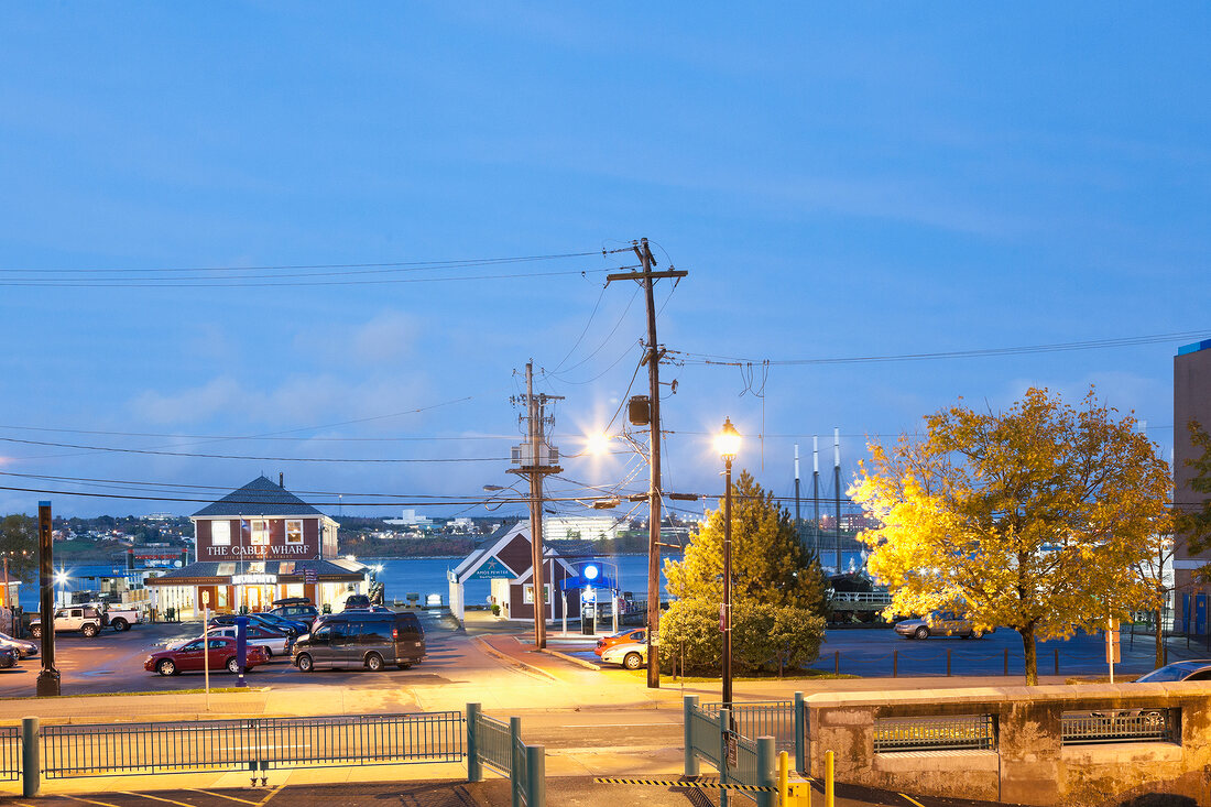 View of vehicles on harbor at evening, Halifax, Nova Scotia, Canada