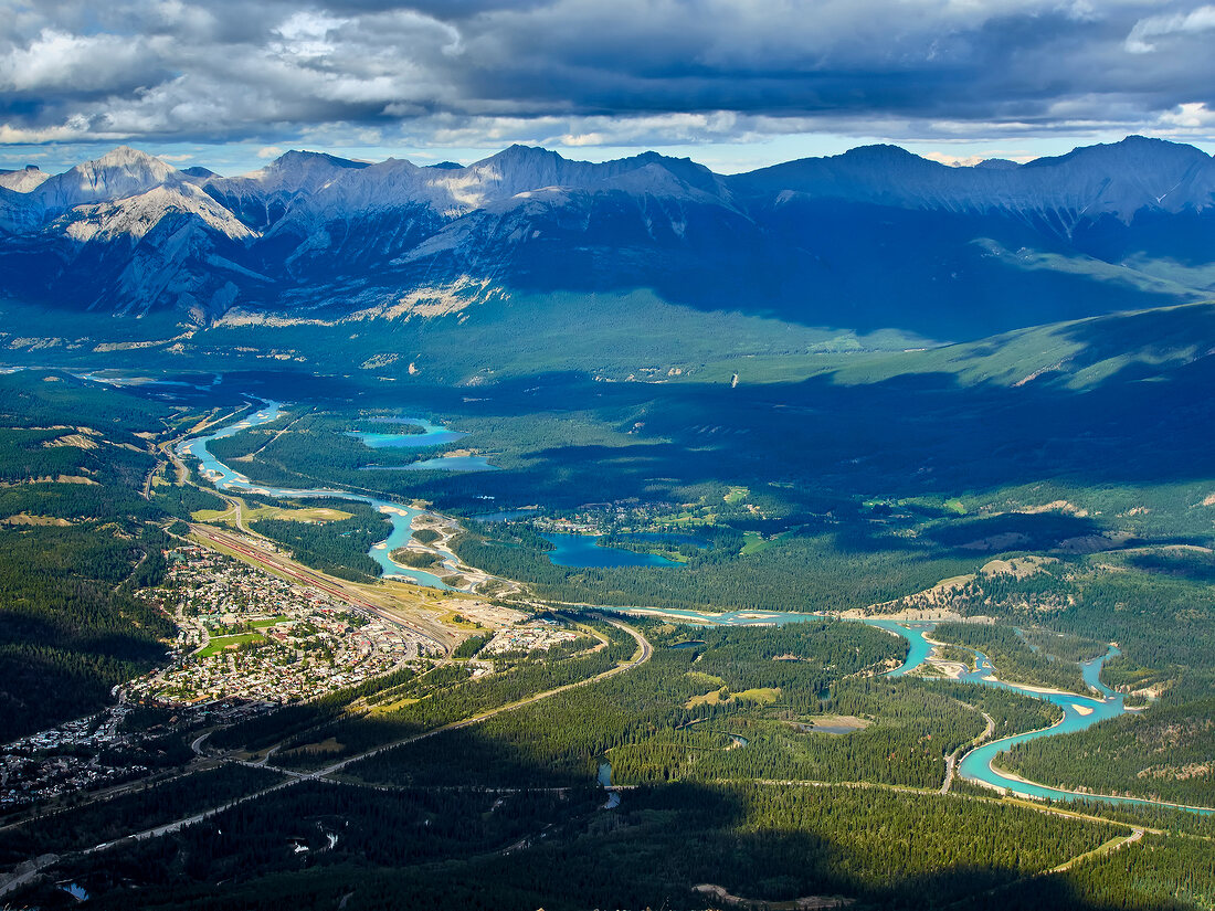 Aerial view of Athabasca River through Jasper National Park, Alberta, Canada