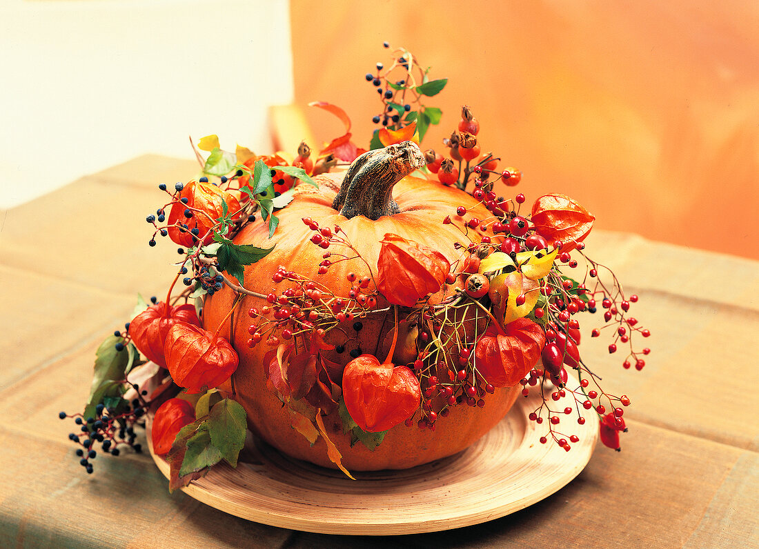 Vasenspaß, autumn decoration with flowers, berries and fruits