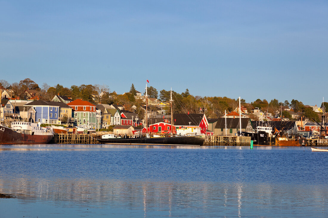 View of cityscape through Lunenburg Harbour, Nova Scotia, Canada