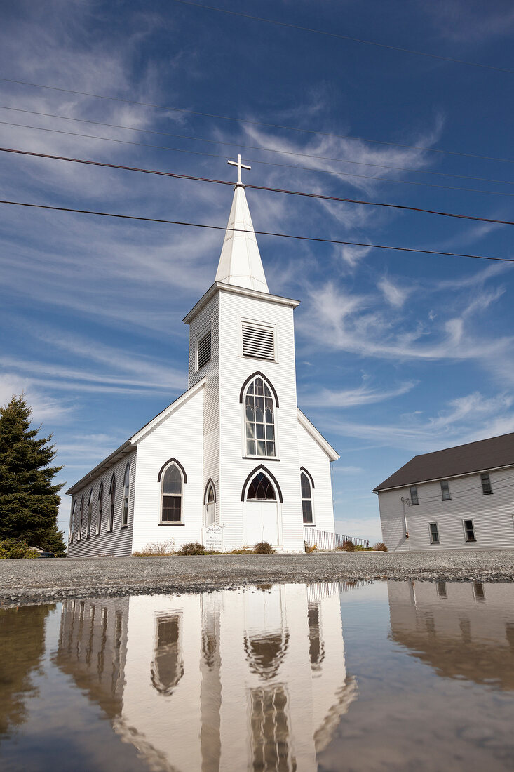 View of white church near Halifax, Prospect Bay, Nova Scotia, Canada