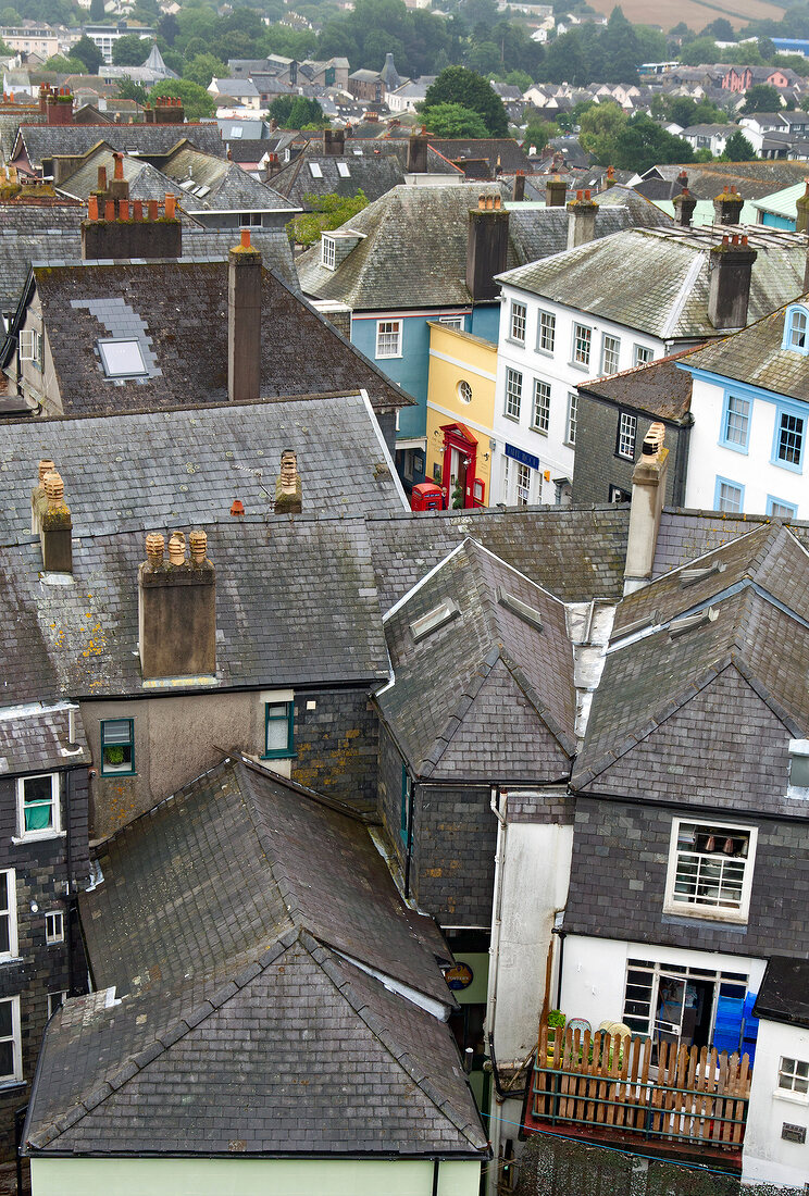 View of houses from roof, Totnes, England, UK