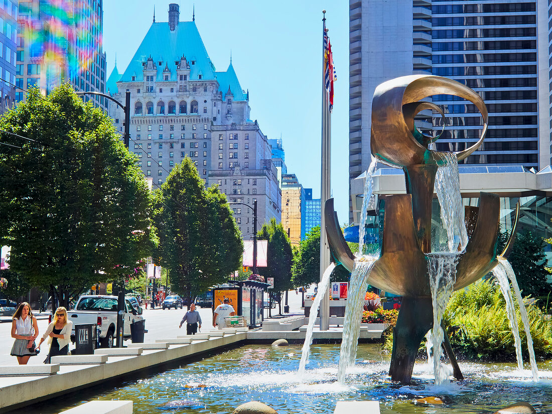 View of fountain on Burrard Street and Fairmont Hotel, Vancouver, British Columbia, Canada