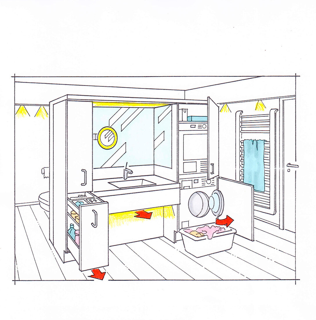 Abbildung, Zeichnung, Badezimmer, Waschplatz, Wäsche