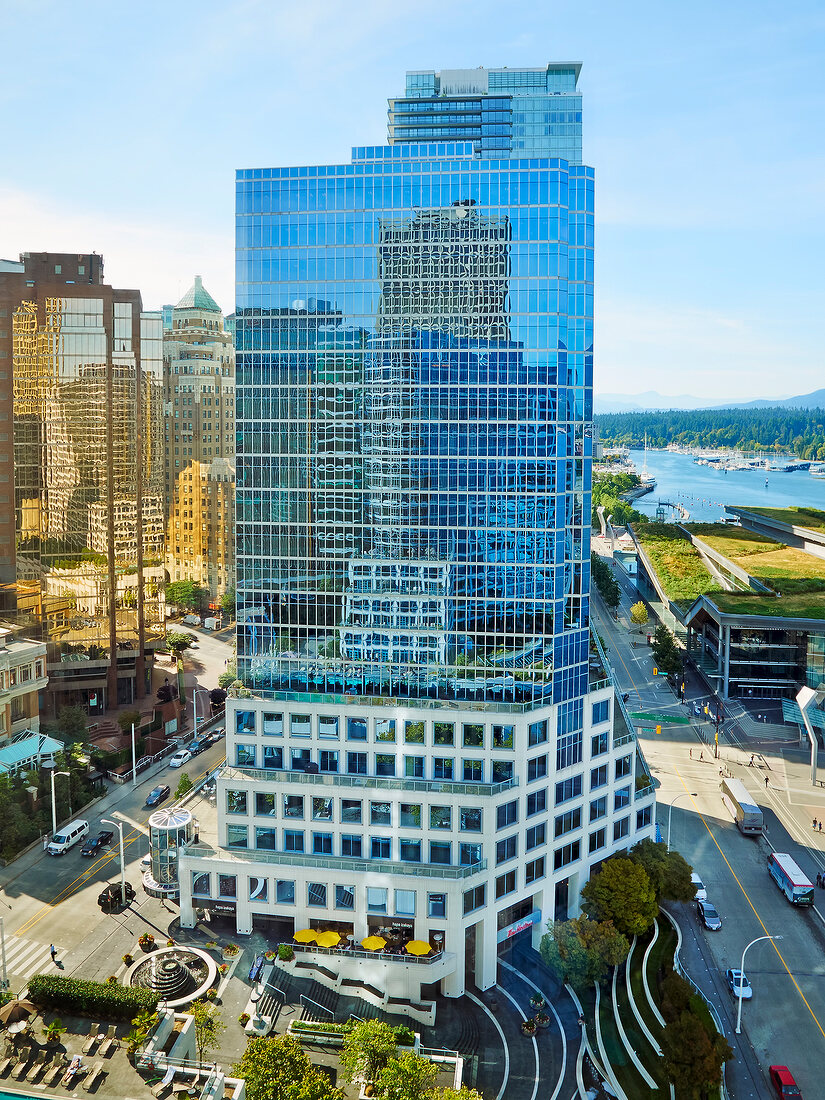 View of Fairmont Waterfront Hotel in Vancouver, British Columbia, Canada