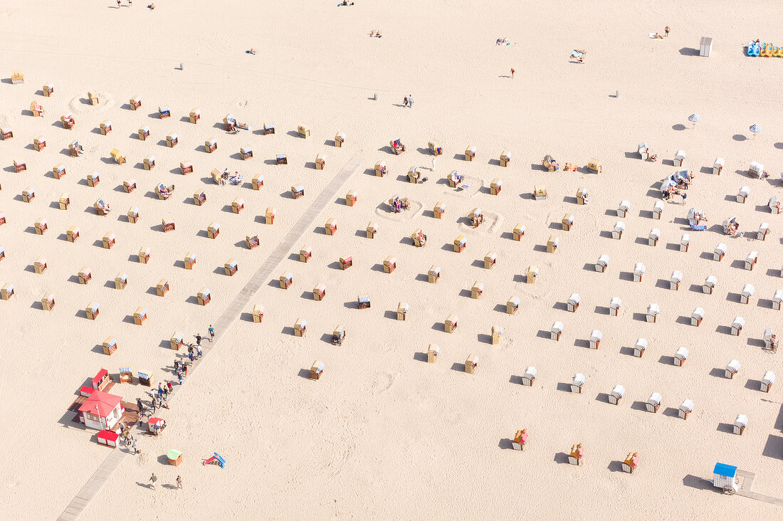 Aerial view of beach huts on Timmendorfer beach, Schleswig Holstein, Germany