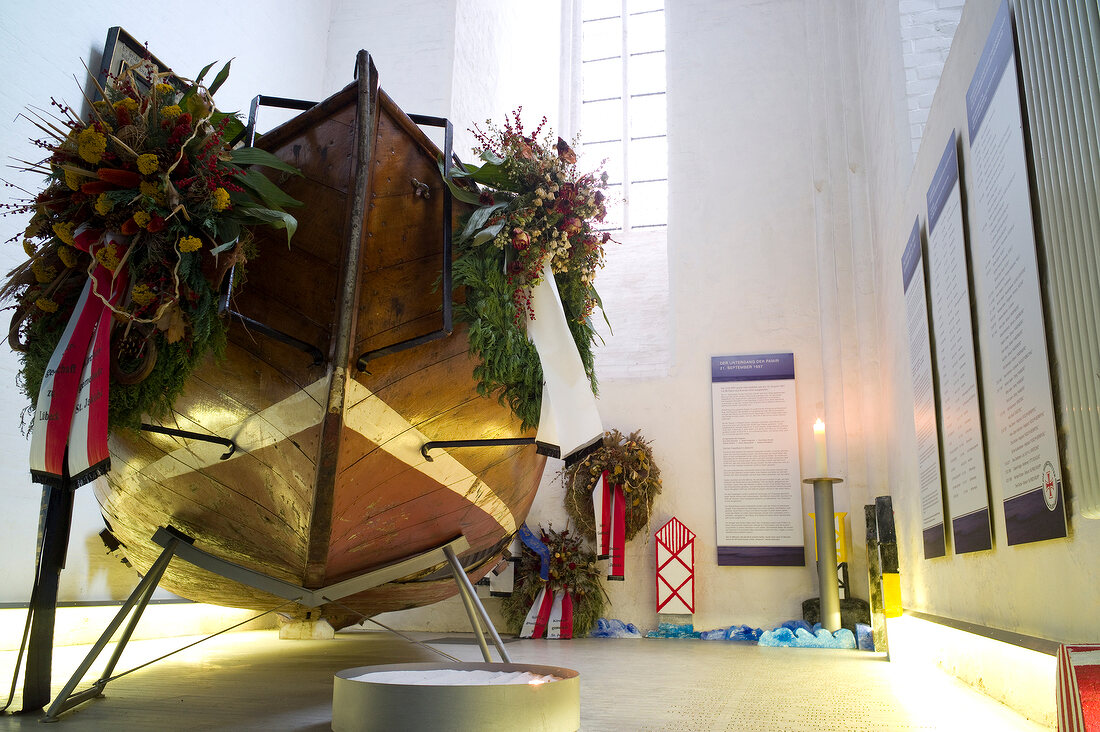 Pamir lifeboat at Jacobi church, Lubeck, Schleswig Holstein, Germany