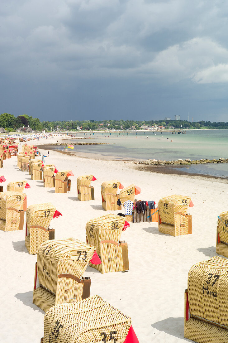 Hooded beach chairs at Gromitz beach in Schleswig Holstein, Germany