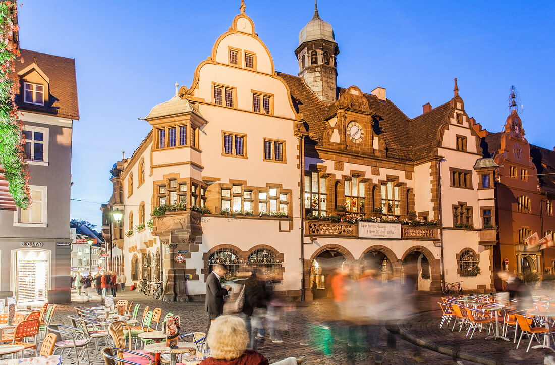 Facade of the New City Hall at City Hall Square, Freiburg, Germany, blurred motion