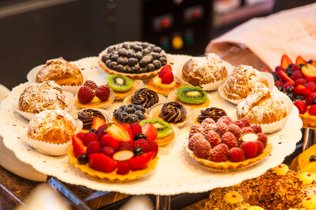 Various pastries in confectionery and cafe Gmeinener at St. Martin's, Freiburg, Germany