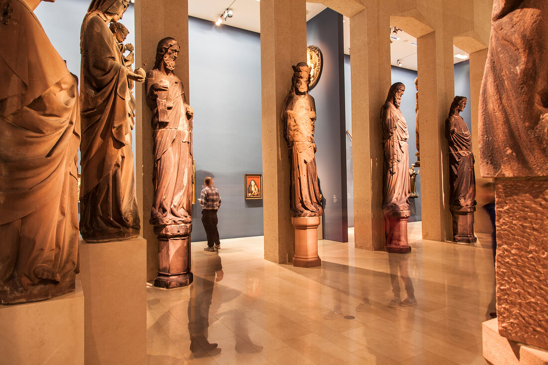 Sculptures of prophets on columns in Augustiner Museum, Freiburg, Germany, blurred motion