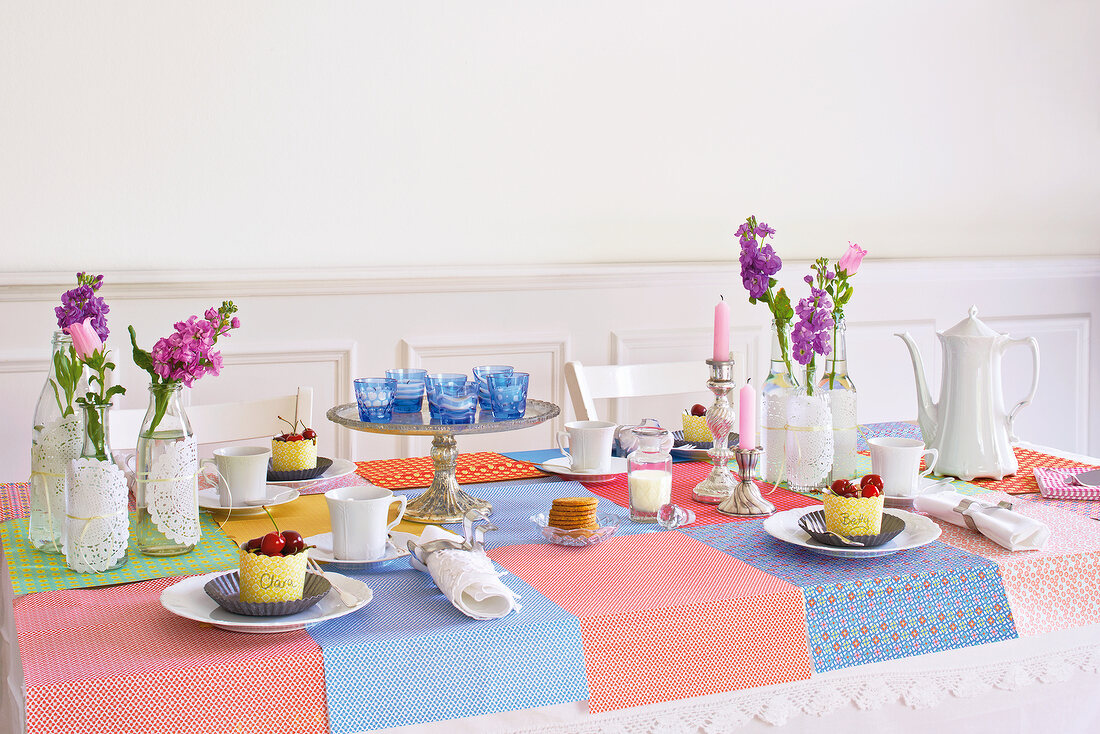 Colourful laid table for coffee