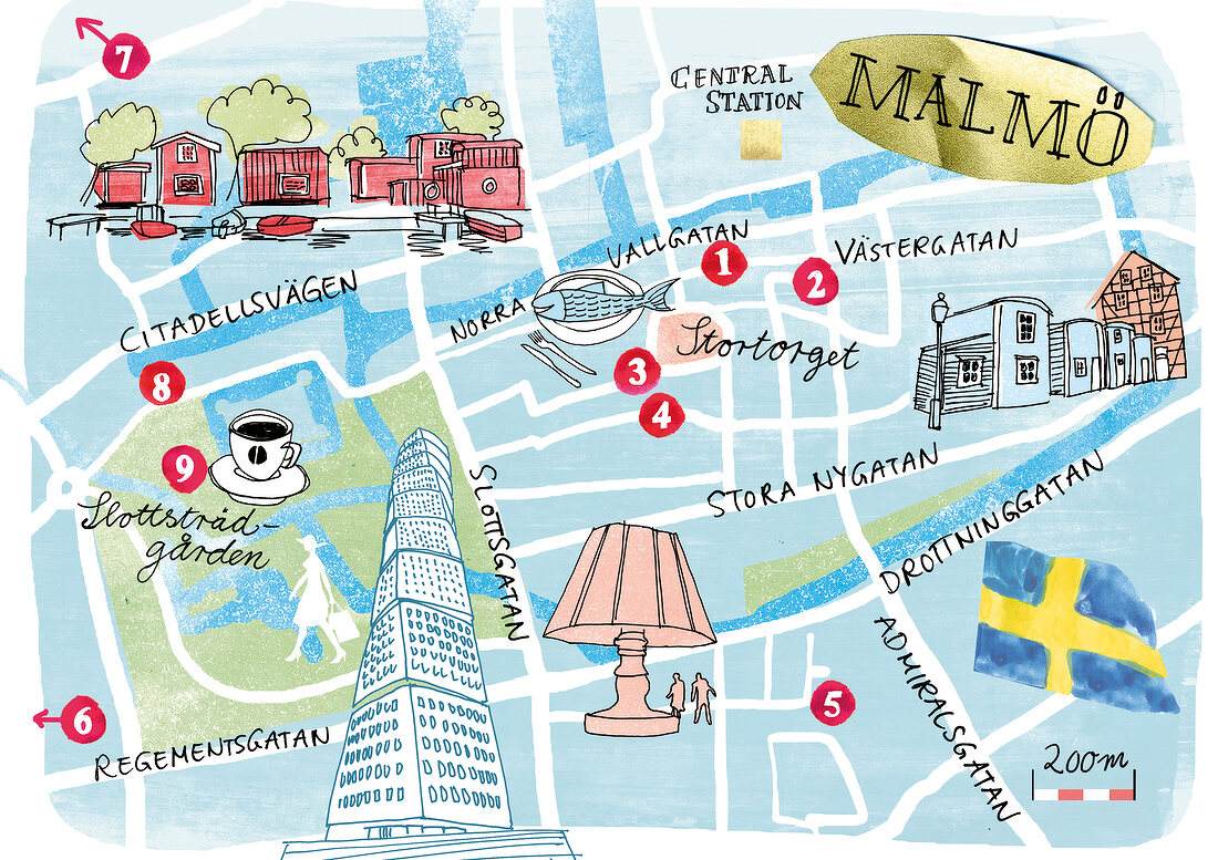 Illustration, Zeichnung, Skizze Karte von Malmö, Schweden