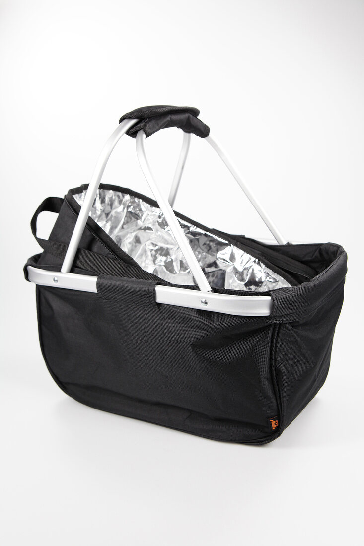 Foldable black basket with cooling function and handle on white background