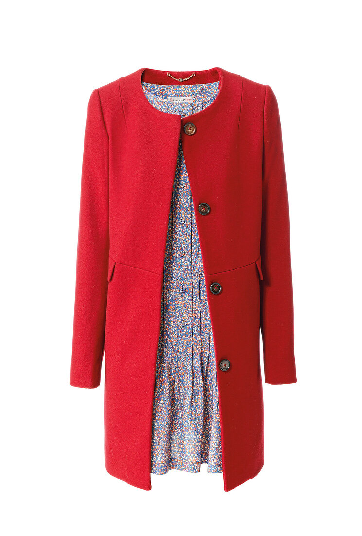 Red crew neck jacket over floral patterned dress against white background