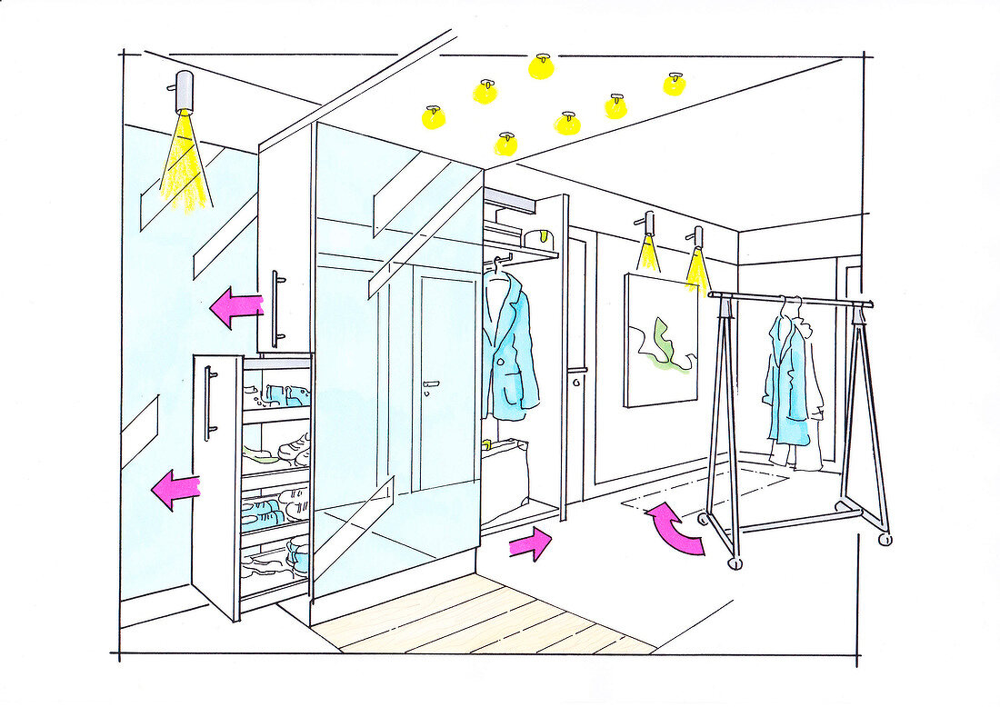 Illustration of living room with hanging rack and wardrobe with drawers and coat hangers