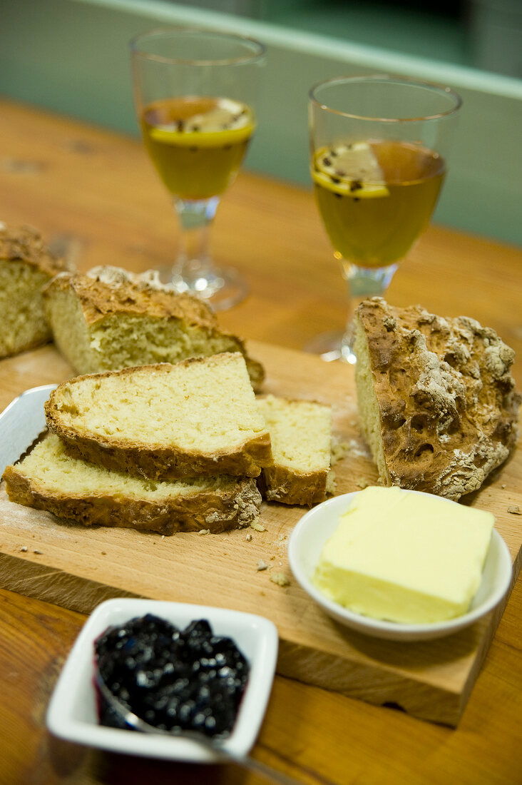 Irish soda bread and butter on chopping board Dublin, Ireland