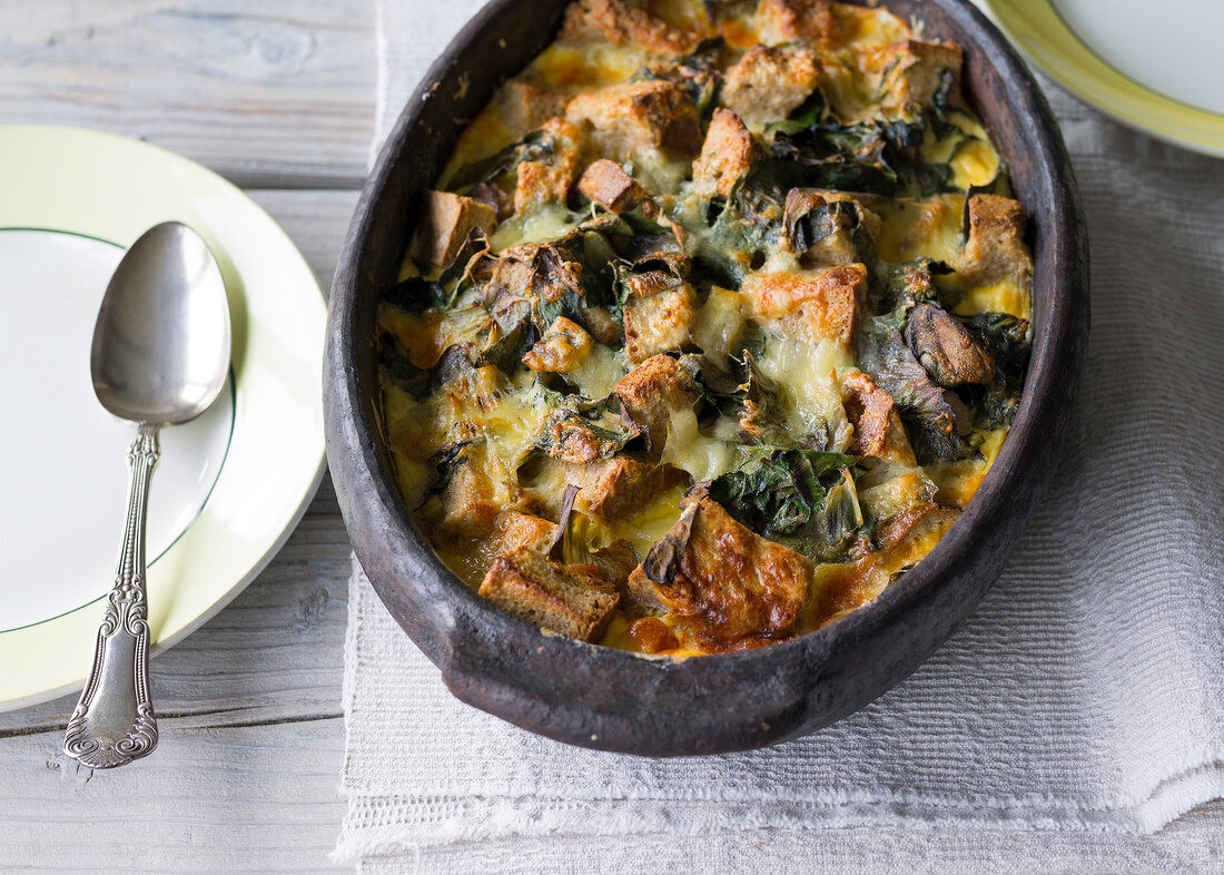 Bread pudding with chard in casserole