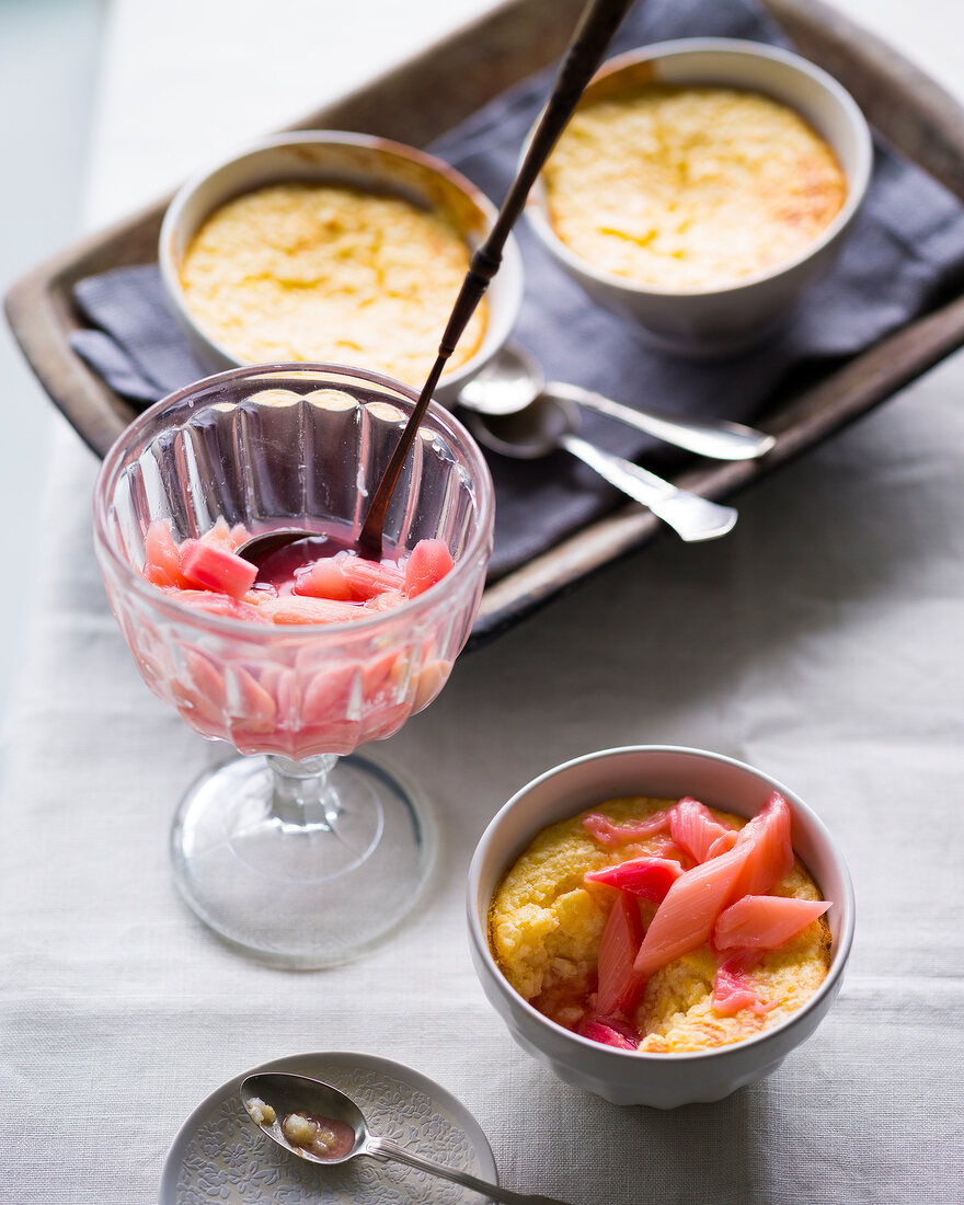 Rice pudding with rhubarb in glasses