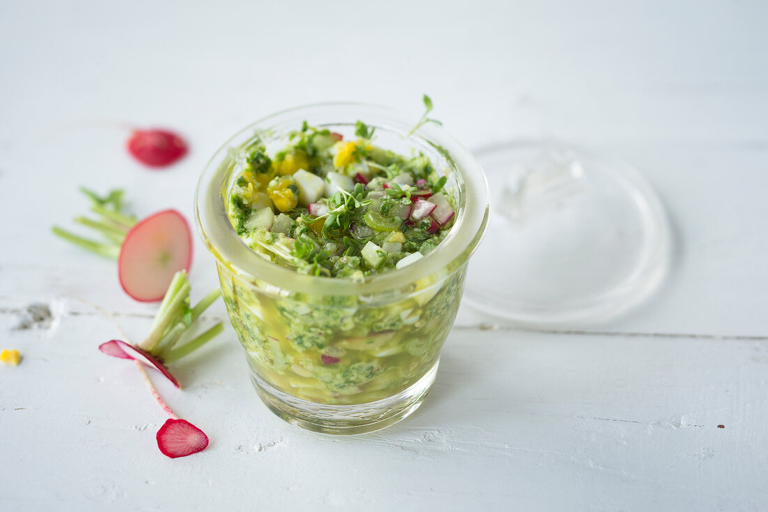 Spring pesto with radish in glass