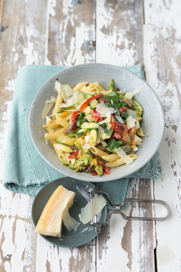 Penne with asparagus salsa on plate