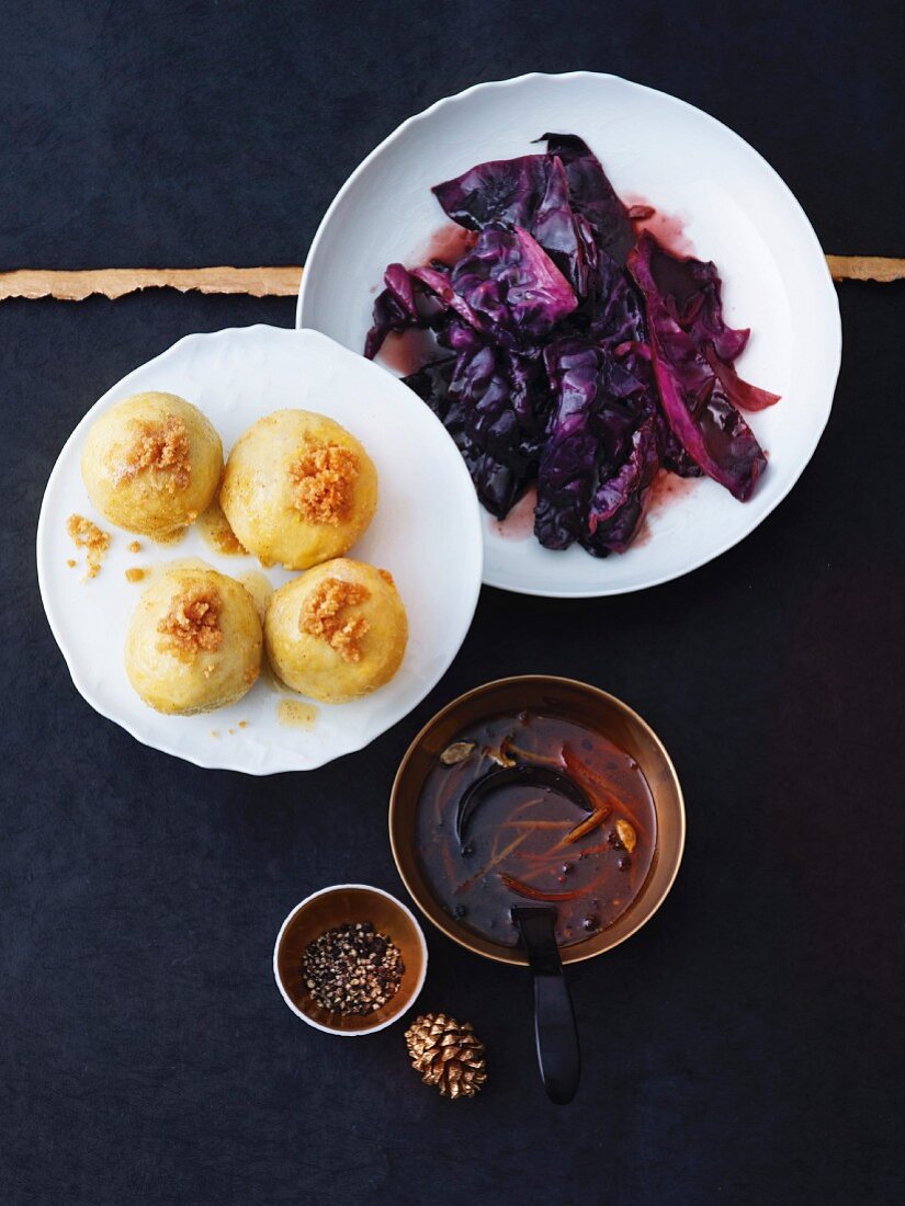 Duck á la orange gravy with potato dumplings and ginger-red cabbage