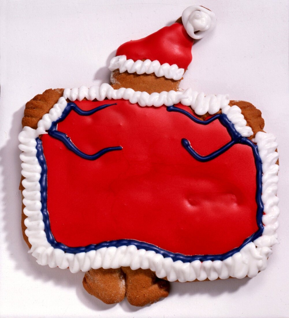 Teddy als Lebkuchen-Weihnachtsmann reißt seinen Mantel auf: Rückansicht
