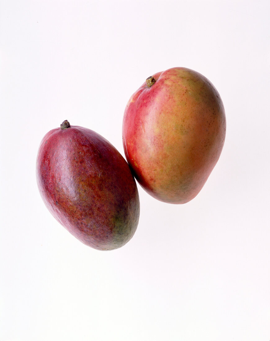 Close-up of two mango fruits on white background