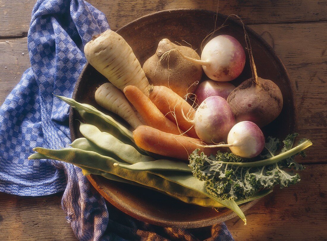 Beans; Carrots; Potatoes in Clay Bowl