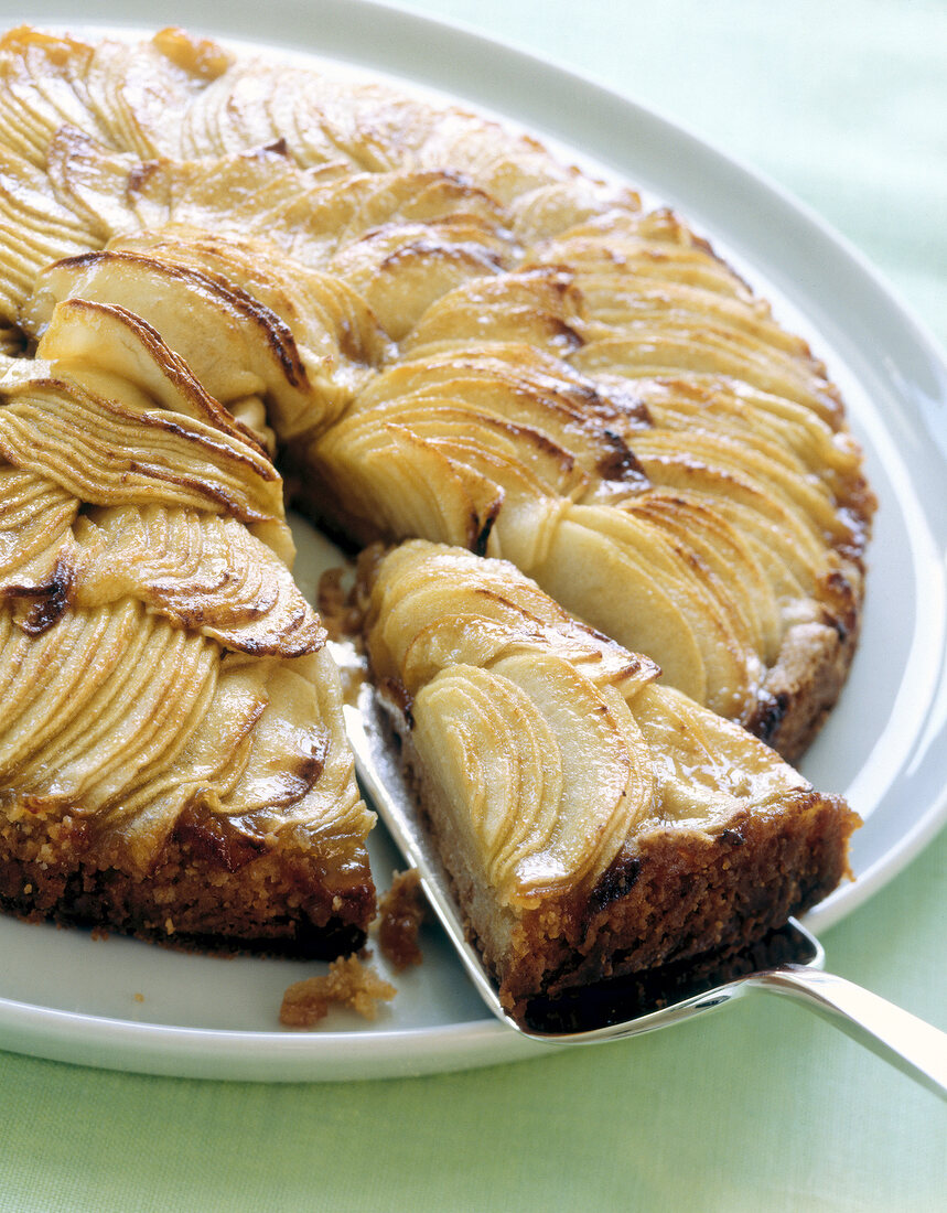 Close-up of apple cake with caramelized apple slices