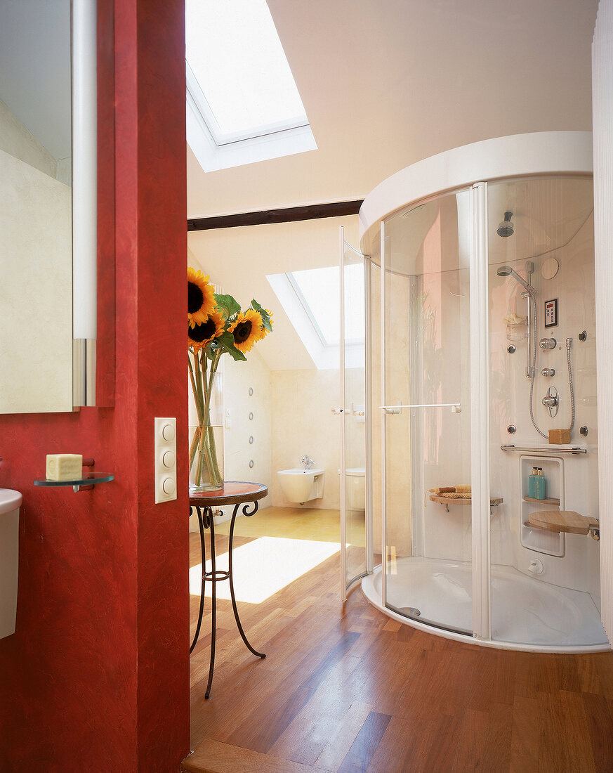 Badezimmer unterm Dach mit römischem Dampfbad, roter eingezogener Wand