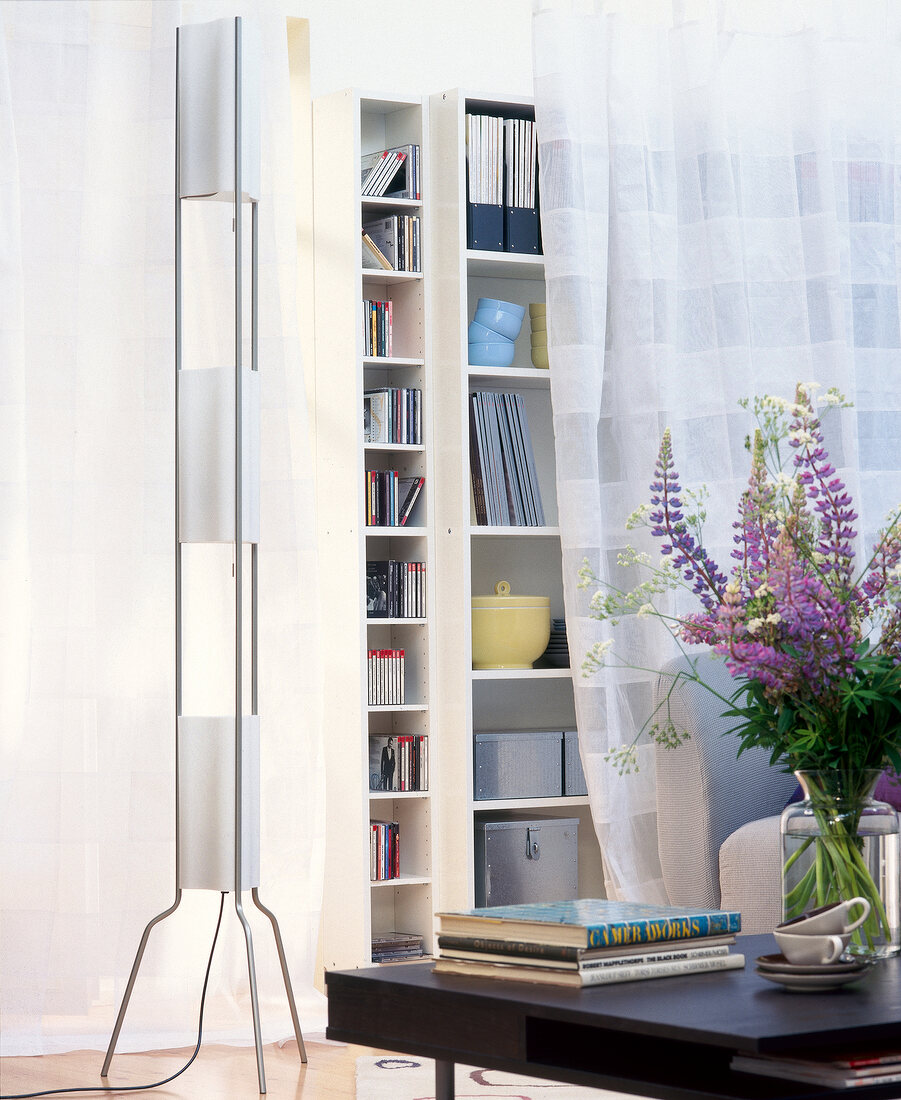 White shelf with compartments with books, CD's and small items