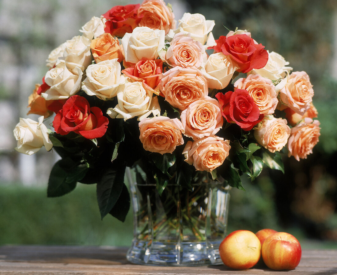 Üppiger Strauß mit aufgeblühten Rosen