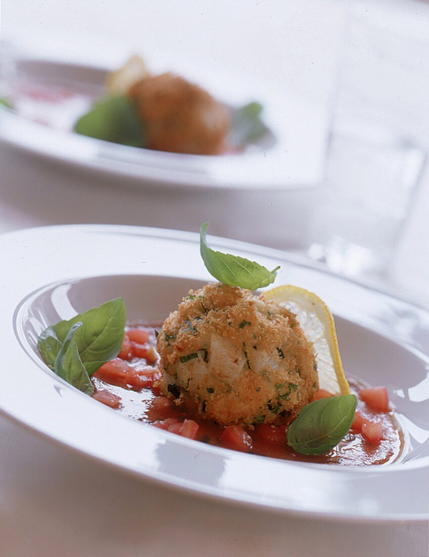 Gebackene Spargelknödel auf TomatenVinaigrette