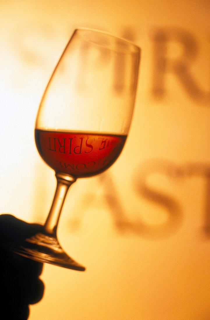 Ein Glas mit rötlich schimmerndem Whiskey in dem sich Schrift spiegelt