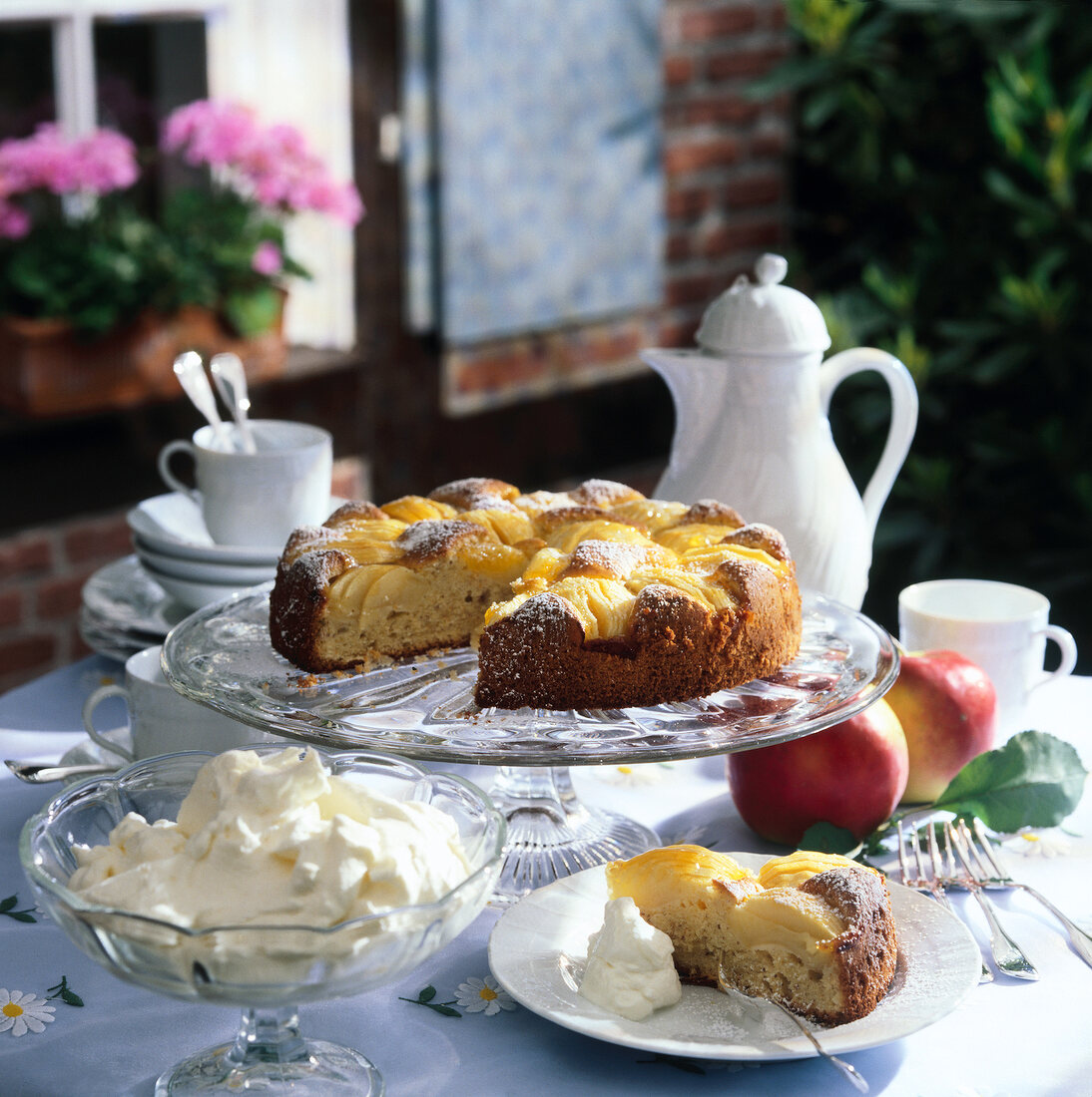 German sunken apple sponge cake on glass cake stand with whipped cream