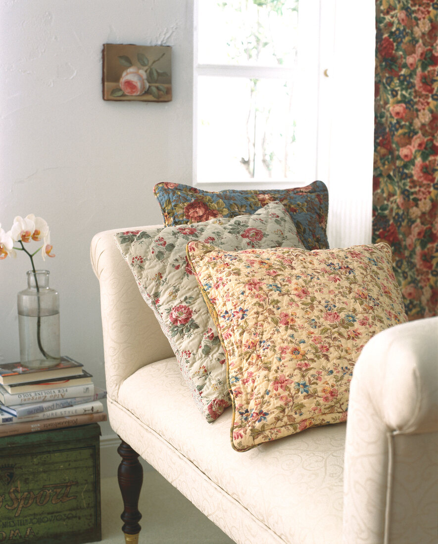 Floral pattern cotton cushions on couch
