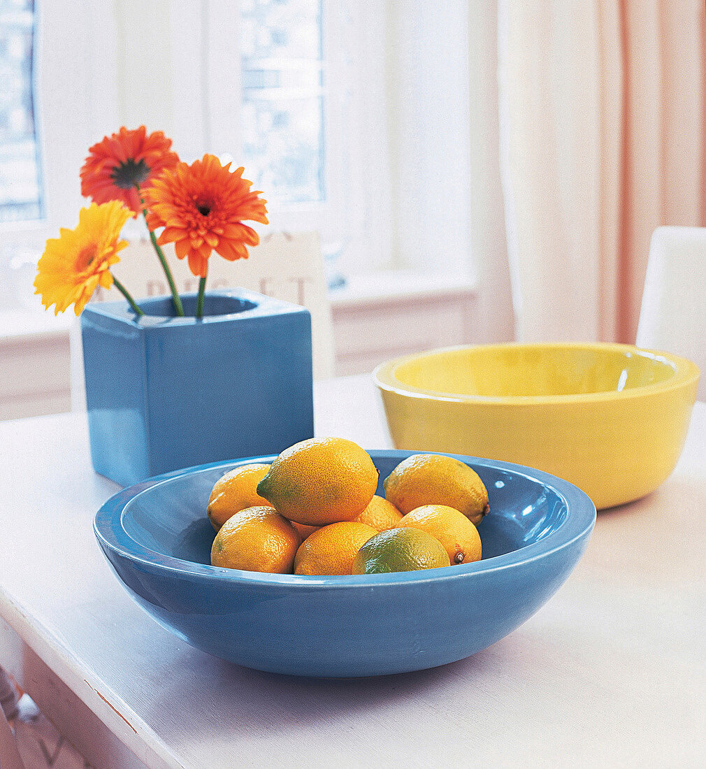 Pastel yellow and blue bowl with lemons on table