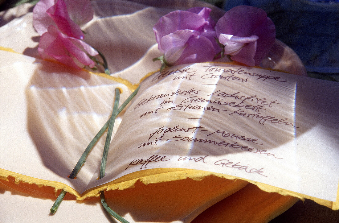 Einsicht: Menükarte aus Büttenpapier mit Transparentblatt+zarten Blüten