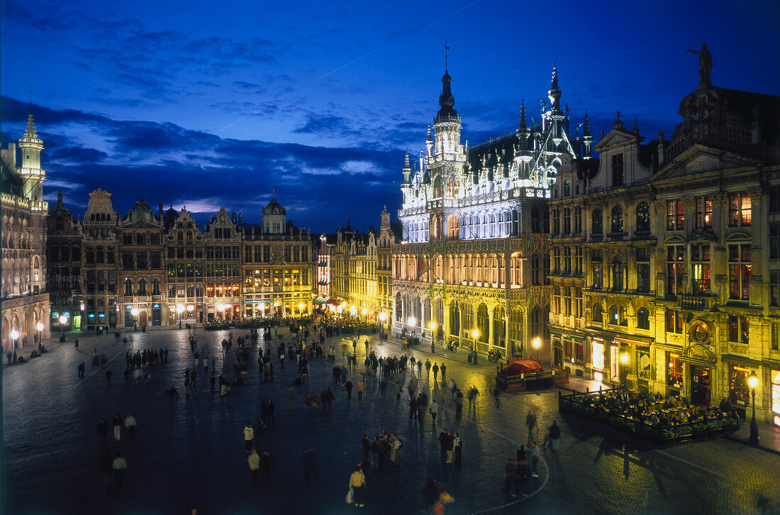 Magnificently illuminated Grand Place of Brussels at night, Belgium