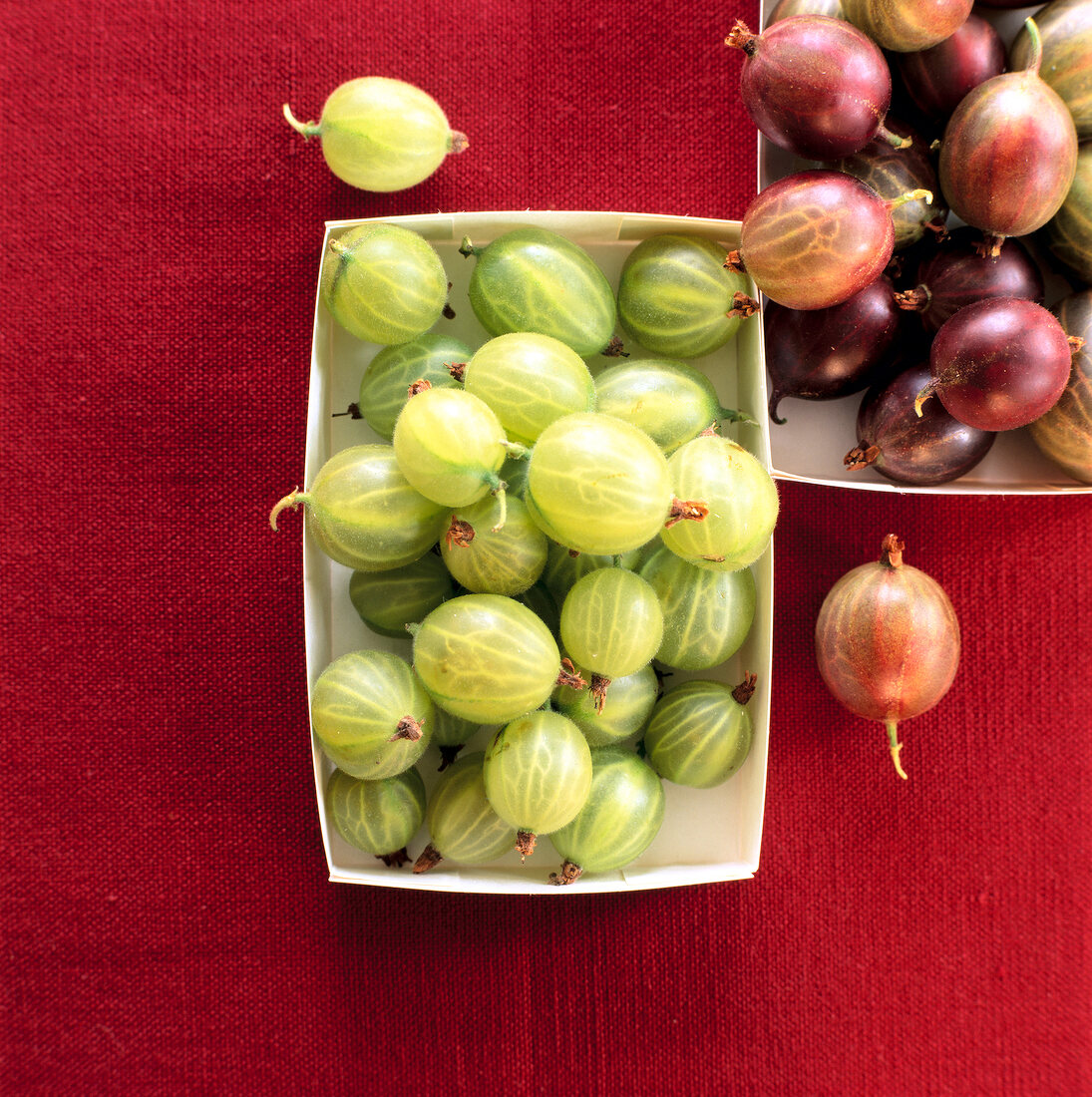 Close-up of red and green gooseberries in boxes