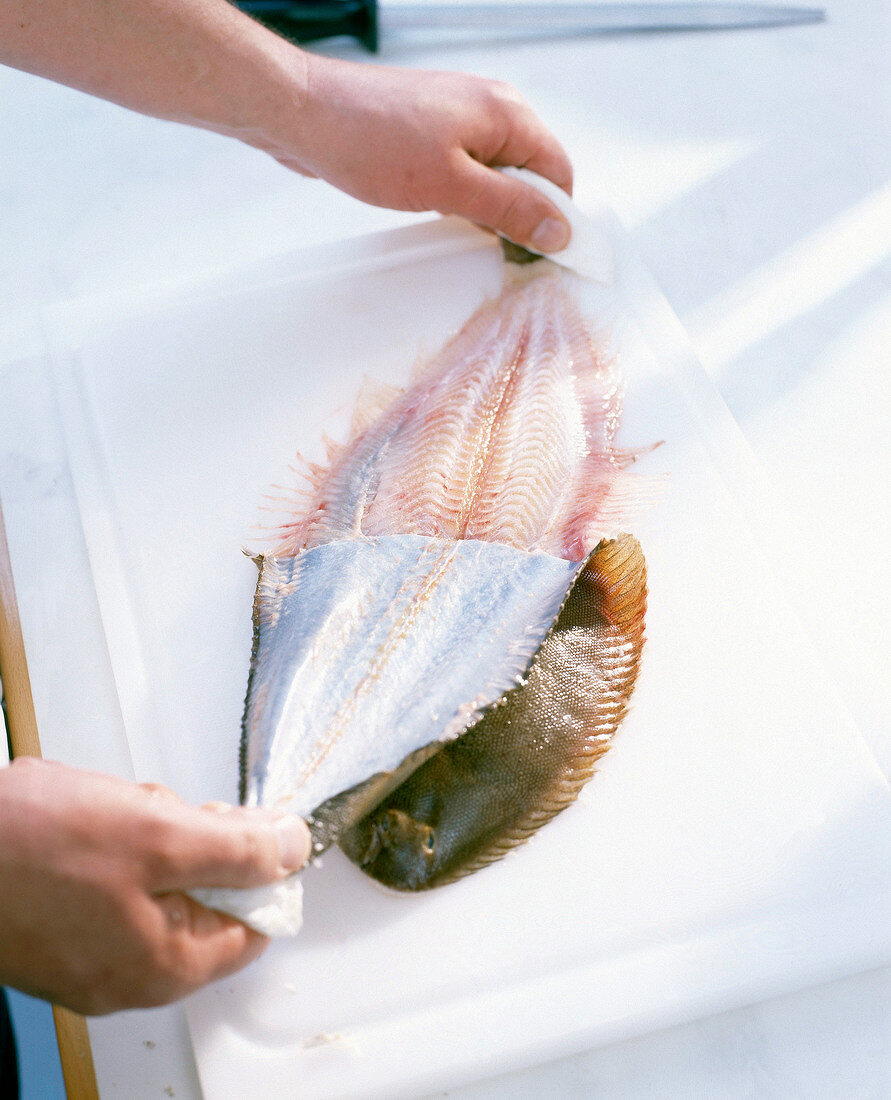 Close-up of man's hands skinning sole