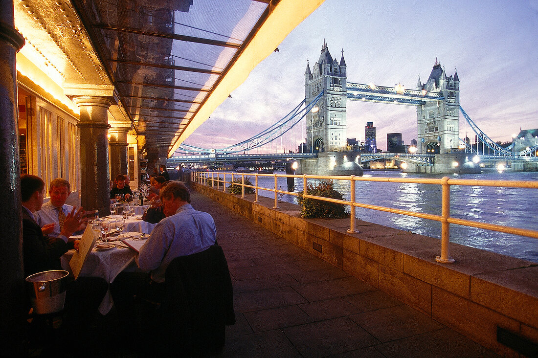 View of Tower Bridge from Restaurant Butler's Wharf Chop House, London, UK