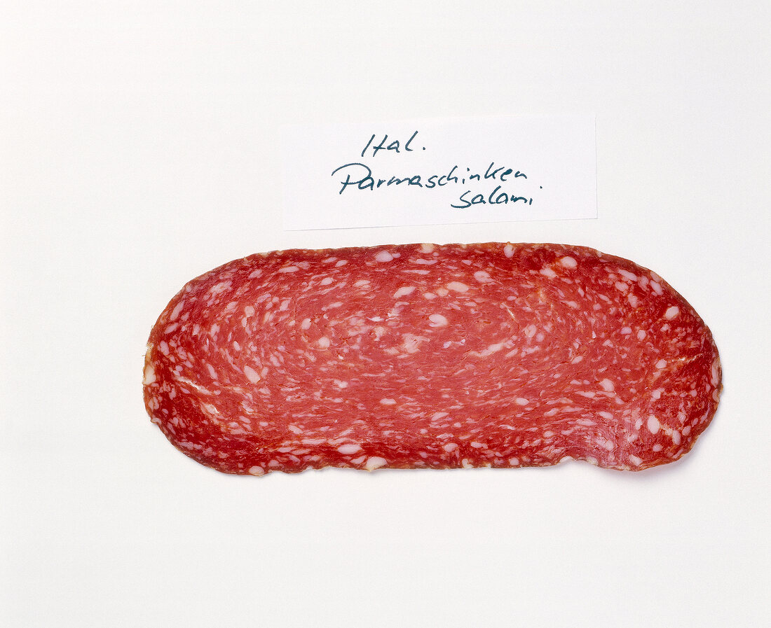 Slice of Italian salami on white background